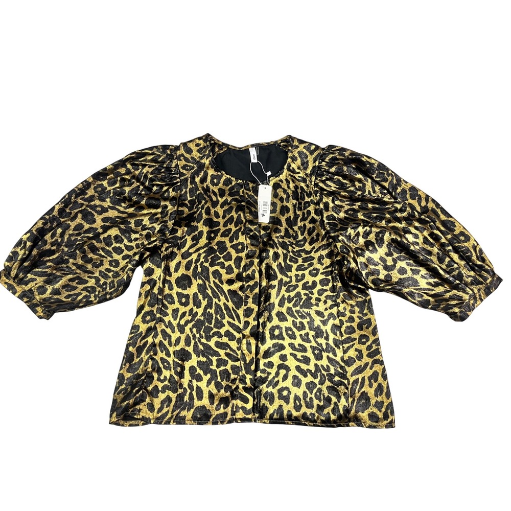 Glam Wilder Blouse Gold Black Leopard Print Puff Sleeve Metallic Top Large NEW